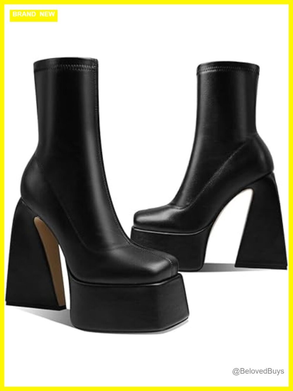 Women's Mid Calf Square Toe Chunky High Heel Platform Boots with Side Zip
